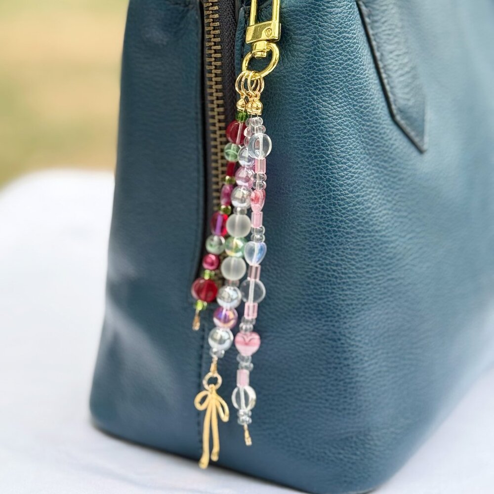 Handmade Pink & Green Beaded Bag Charm